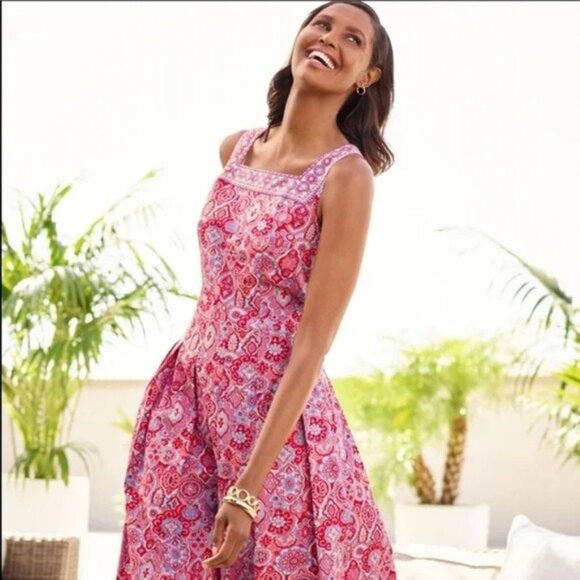 Talbots Fit and Flare Medallion Midi Dress in Red and Blue - Picture 1 of 8